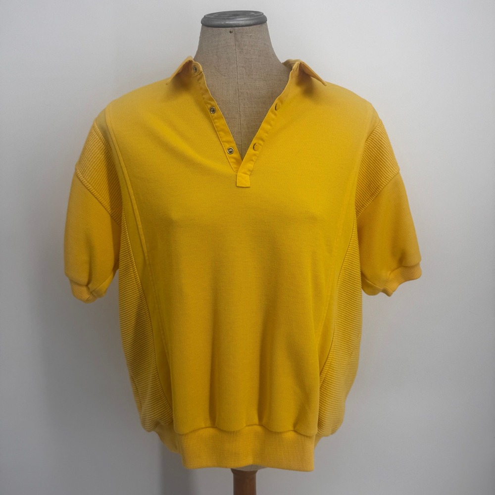 Expressions Vintage Polo Shirt Mens Large Yellow Ribbed Snap Button Retro Sporty